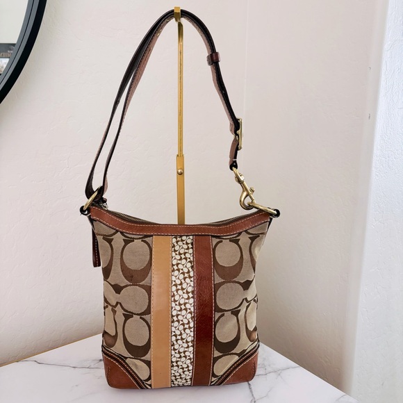 Coach Handbags - Coach Brown Leather Signature C Hampton Canvas Stripe Shoulder Bag Handbag 10542